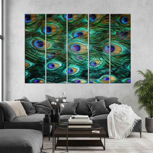 Art mural en verre avec plumes de paon vibrantes, impression sur toile, lot de 5 toiles - Product Image 3