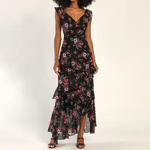 Fashion Design Summer Women Dresses Asymmetrical Bands of Ruffled Trim Sleeveless Black Floral Print Ruffled Maxi Dress