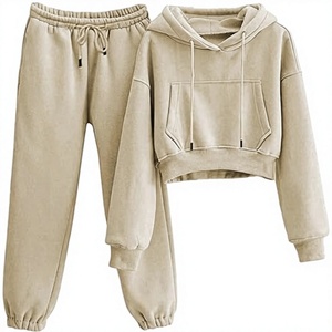 Ensemble jogging et sweat à capuche 2 pièces pour femme en molleton de coton mélangé, respirant, écologique, coupe ample, décontracté, sportswear, manches lanternes courtes - Product Image 1