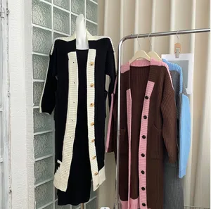 HAPPEAK 우아한 한국식 캐주얼 재킷과 우아한 컬러 디자인 긴 무릎 길이 울 니트 카디건