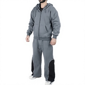 Survêtement à capuche pour homme, gris uni, sweat-shirt à fermeture éclair intégrale, poches latérales, pantalon assorti, coupe classique, vêtements décontractés, style hiver, 100% coton - Product Image 2
