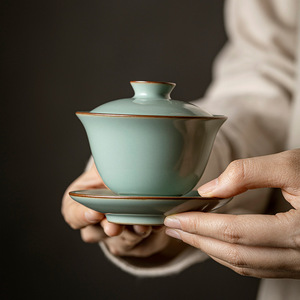 Tianqing Ru Kiln Gaiwan Ceramic Covered Teacup With Lid Porcelain Kung Fu <b>Tea</b> <b>Set</b> Single Household Use - Product Image 1