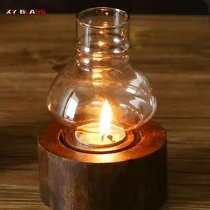 Abat-jour de bougie en verre en forme de boule de table de base en bois de design décoratif