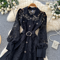 Robe chemise en dentelle à manches longues pour femmes, avec ceinture à la taille, boutonnée, courte, pour le printemps et l'été