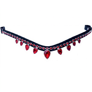 Bandeau de tête pour cheval Ridex en cuir rouge orné de strass, sangle de bridon décorative, accessoire d'équitation pour l'écurie et les concours - Product Image 2