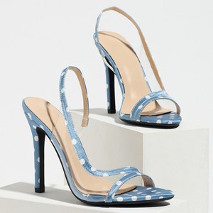 Zapatos de Tacón Alto con Punta Abierta y Tira en el Tobillo, Satinados con Puntos Azules, Estilo Stiletto, Moda de Verano, Peep Toe, Slip-On - Product Image 4