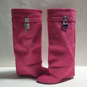 Botas de tacón de cuña con pedrería para mujer, de caña alta, con decoración de cierre y efecto de aumento de altura - Product Image 3