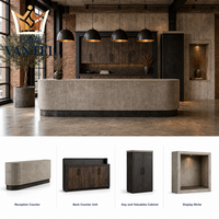 Ensemble de mobilier industriel pour hall d'hôtel avec canapé en cuir, fauteuils lounge, bureau de réception et buffet pour projets