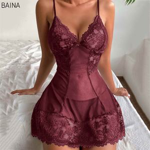 女性のためのエレガントなレースメッシュChemise Thongセット魅力的なセクシーなランジェリーランジェリー女性のナイトドレス - Product Image 2