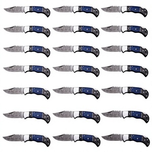 Damascus Steel Folding Knife With Blue Handle And Leather Sheath Straight Edge <b>Drop</b> Point Blade Thumb Knob Design - Product Image 3