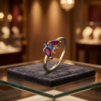 Bague en argent sterling 925 plaqué or avec pierres précieuses, taille marquise ovale, pierres rouges et bleues serties griffes, bijoux tendance pour femme, idéale pour mariage et anniversaire