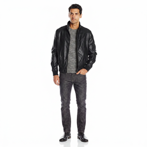 Finer Threads Men's Classic Zipper Genuine Leather Jacket <b>Covered</b> <b>Button</b> Closure Soft Material Modern Fit for Everyday Look - Product Image 1