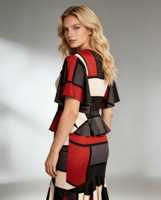 Ensemble deux pièces élégant rétro pour femmes grandes tailles - Motif géométrique rouge et noir, tenue de bureau et occasions formelles