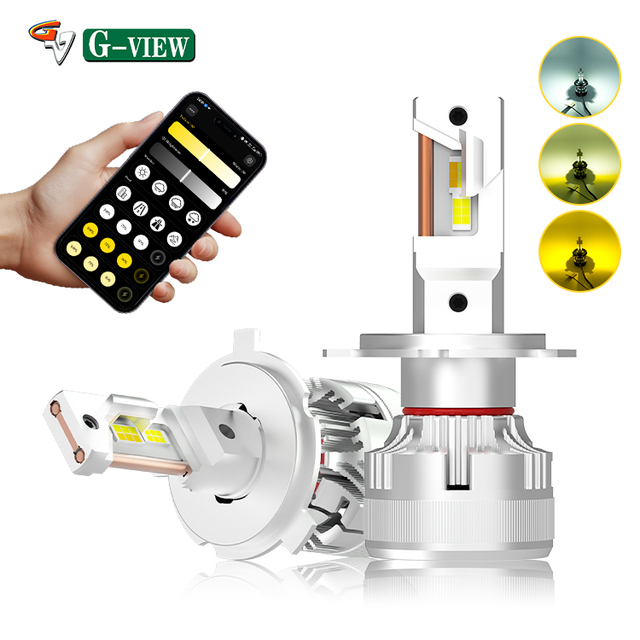 Gview G18W H4 APP Controlled Tri Color LED Headlight Bulb with Bright Focused Beam and Copper Belt Heat Dissipation Faros Led