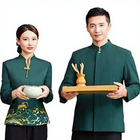 24 Billion Long Chinese Style Unisex Waiter Work Clothes Spandex Material Middle Sleeve Hotel Catering Hot Pot Tea House