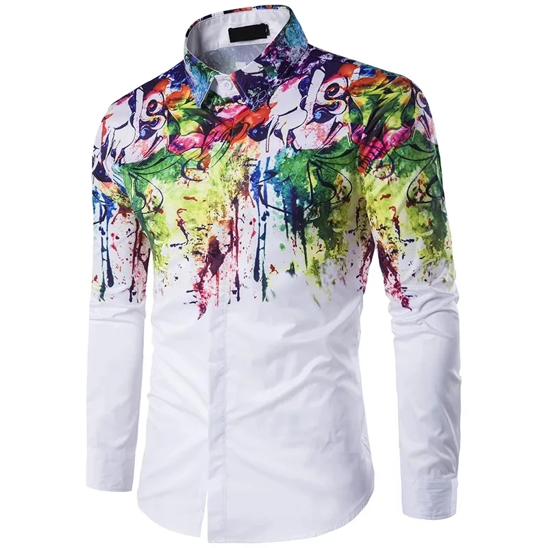 Hot Sale High-Quality Fashion Splash Paint Print Slim Fit Shirts Mens Luxury Long Sleeve