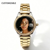 Montre Femme Dorée Brillante à Succès Commercial, Cadran Personnalisé, Lunette Sertie de Diamants, Bracelet en Acier Inoxydable, Idéale pour la Mode Africaine