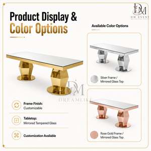 Mesa de Banquete Rectangular de Lujo con Cubierta de Espejo de Acero Inoxidable y Base Geométrica para Eventos y Bodas - Product Image 3