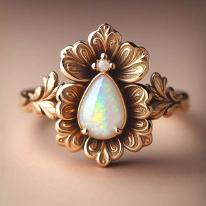 Anello da donna con fiore di iride e pietra iridescente, stile naturale, gioiello alla moda - Product Image 1