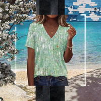 T-shirt imprimé à manches courtes et col en V pour femmes grandes tailles, motif abstrait vert, coupe classique, vêtements pour adultes