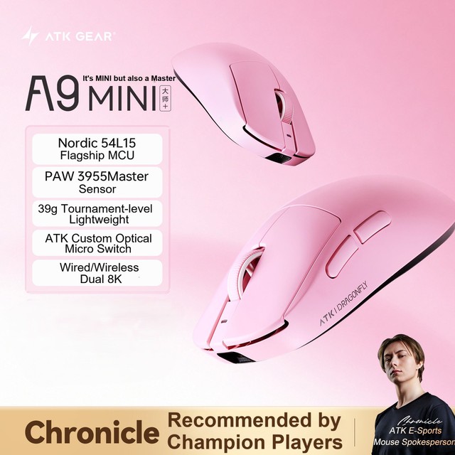 ATK A9 Mini Ultimate Wireless Gaming Mouse Tri-Mode PAW3955 Master 8K Lightweight 39g RGB Optical Esports Mouse for FPS PC Gamer