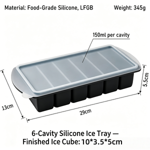 Bac à glaçons en silicone à 6 cavités avec couvercle transparent, moule à glaçons grand format de qualité alimentaire LFGB pour whisky et conservation de soupes - Product Image 2