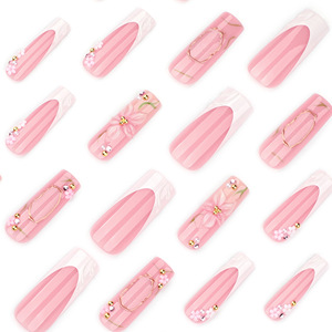 <span class=keywords><strong>Faux</strong></span> <span class=keywords><strong>ongles</strong></span> longs carrés à presser, roses avec pointe française blanche <span class=keywords><strong>et</strong></span> fleur 3D, perles dorées, pour femmes - Product Image 5