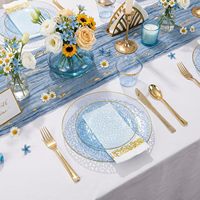 100 Assiettes jetables en plastique écologiques bleues à bord doré, motif martelé, 50 assiettes à dessert, 50 assiettes à dîner, pour fêtes