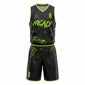 HEALY <b>Neon</b> <b>Green</b> Crackle Print Basketball Uniform Set, Breathable Mesh Quick Dry Sublimated Jersey & Shorts With Custom Number - Product Image 1