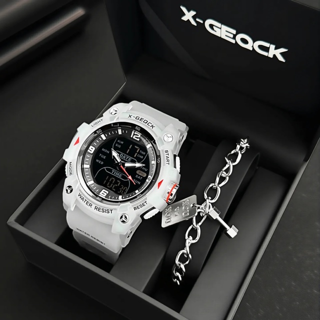 X-GEQCK for Brand Watch Dual Display Sports Multi-function Luminous Three Time Wristwatch Quartz Movement Watch