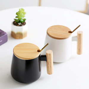 Ceramic <b>Mug</b> With Wooden Handle And Lid Set Solid Color Office Drinkware For Couples Gift - Product Image 3