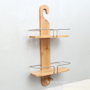 Estante de baño de madera para montar en la pared, estante de almacenamiento colgante de doble capa para artículos de tocador, color bambú, duradero - Product Image 4