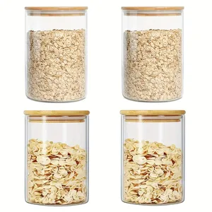 Frasco de vidro com tampa de bambu, recipiente selado para armazenamento de alimentos, garrafas de vidro para chá e grãos soltos, recipiente de 8.5*15cm/22oz