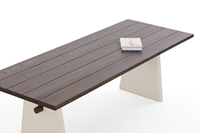 Ensemble de salle à manger en bois d'orme Japandi, plateau de table rectangulaire extra long, base et banc minimalistes en microciment