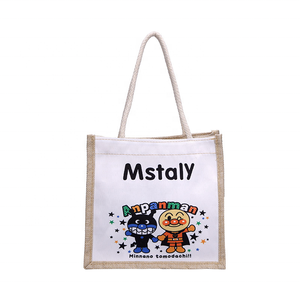 Venta al por mayor reciclado personalizado impreso yute bolsa de lona poliéster forro a cuadros pequeña línea de cáñamo bolsa de mano - Product Image 5