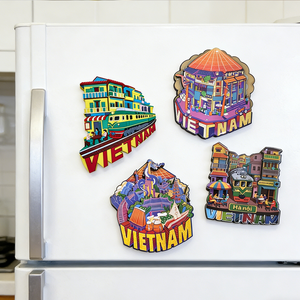 Aimant de réfrigérateur personnalisé promotionnel pour la promotion de la marque, motif scène de rue du Vietnam avec train et architecture vintage colorée, cadeau de voyage - Product Image 6
