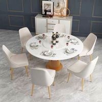 Table à manger ronde en marbre et verre, avec base rotative en métal, couleur blanc et noir, de luxe