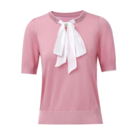 Haut en maille côtelée rose élégant pour femme, col orné de strass, nœud en satin, manches mi-longues, coupe ajustée, chemisier tricoté doux pour le bureau