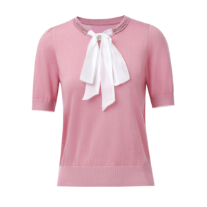 Maglione Elegante da Donna Rosa a Costine con Colletto in Strass e Fiocco in Raso, Manica Media, Vestibilità Slim, Blusa Lavorata a <span class=keywords><strong>Maglia</strong></span> per Ufficio, Maglione Morbido - Product Image 6