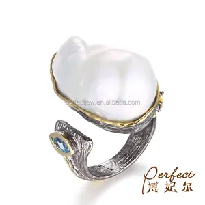 Silver 925 Ring Handmade Indian Style Germany Button Pearl 925 Silver Ring Diopside Stone Jewelry