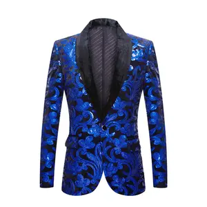 New Men's Royal Blue Sequin Suit Coat Wedding Banquet Mini Suit