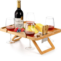 Plateau à vin pliable en bambou, plateau à collation portable d'extérieur, table de pique-nique avec fentes pour verres à vin et couteaux à fromage