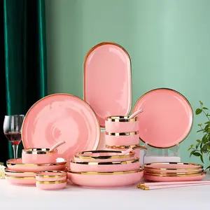 Luxury Ceramic Dinnerware Set For Restaurant Hotel Elegant Green Round Dinner Plates Dishes Salad Soup Bowl Party Occasions