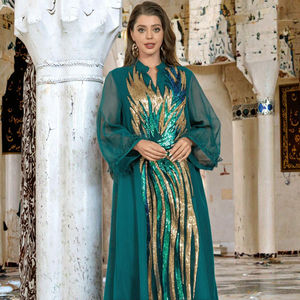 Abaya de Moda con Lentejuelas de Plumas de Avestruz, Cuello en V, Manga Larga, Transpirable, de Poliéster, para Mujeres Musulmanas, Diseño Transfronterizo de Medio Oriente, ODM - Product Image 3