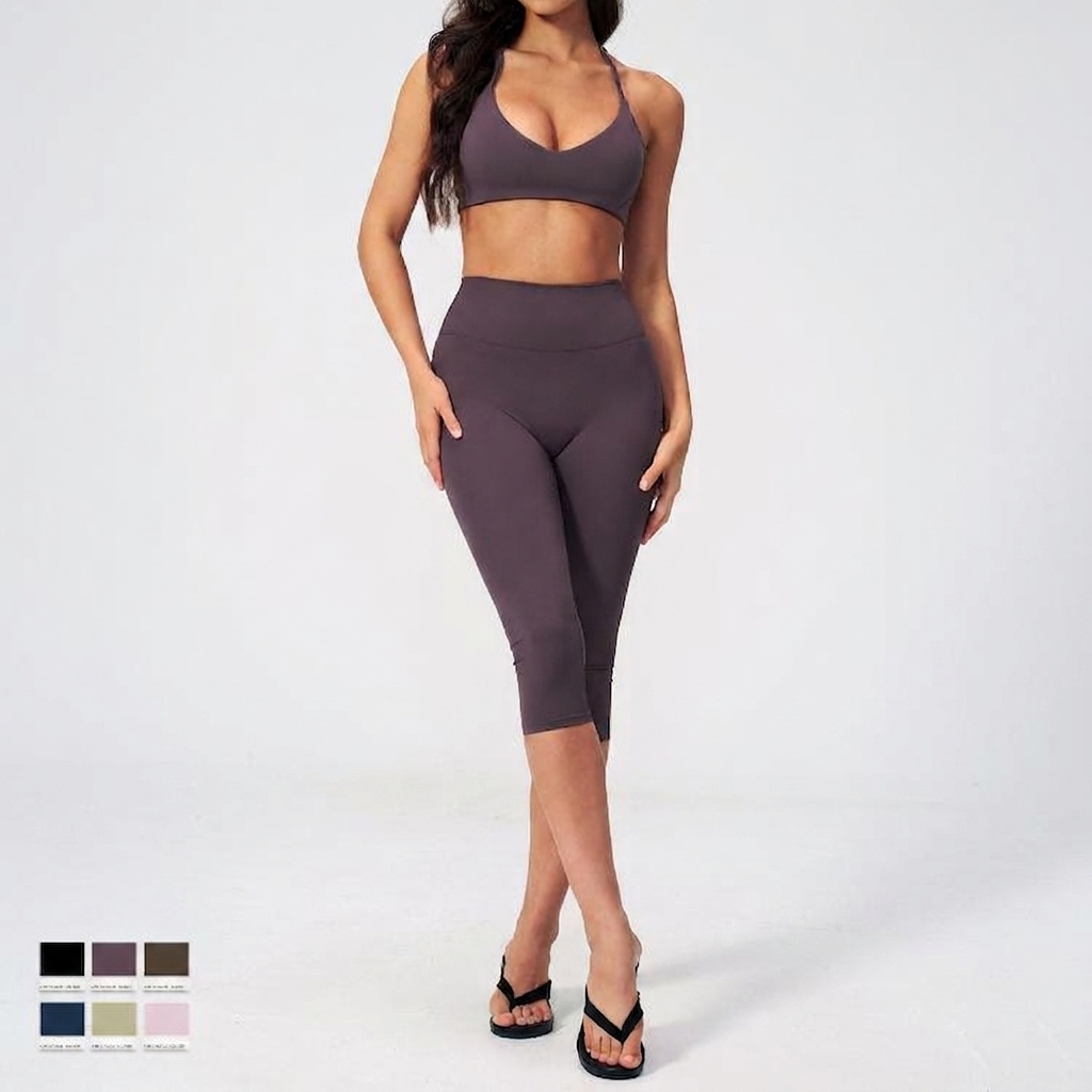 Fashionable Casual Tight-Fit Yoga Outfit European American Style Quick-Drying Solid Front 2-Piece Set Four-Way Stretch for