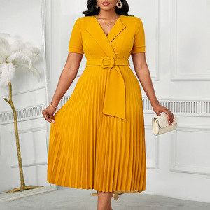 Short Sleeved V-neck Fashionable <strong>Temperament</strong> Elegant Pleated Plus Size High Waist African Dress for Women - Product Image 2
