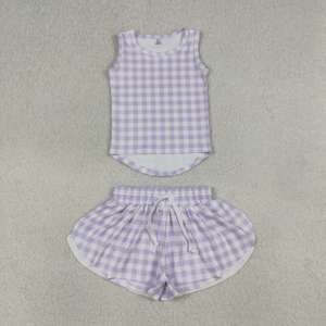 Ensemble de tenue de tennis pour petites filles, motif gingham violet, débardeur sans manches à col rond extensible et doux pour enfants, short fluide coupe crayon - Product Image 4