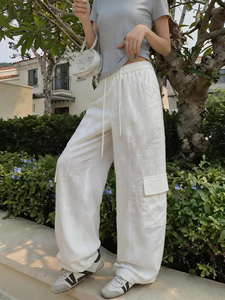 Pantaloni <span class=keywords><strong>Cargo</strong></span> a Gamba Larga in Puro <span class=keywords><strong>Lino</strong></span> 170GSM per Donna, Vita Elastica con Coulisse, Multi Tasche, Casual e Comodi, OEM ODM Personalizzabili - Product Image 2