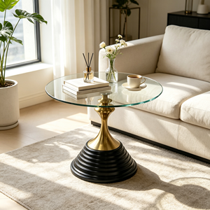 Mesa de Centro de Vidrio Templado Redonda de Lujo con Pedestal de Metal Dorado y Base Negra en Capas para Sala de Estar, Hogar, Sofá, Hotel y Vestíbulo - Product Image 1
