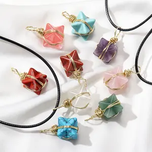 Jachon Natural crystal Merkaba six Star gold silk pendant necklace hand-woven geometric necklace jewelry